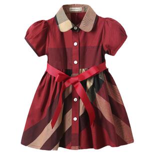 女童纯棉连衣裙夏装枣红色英伦风公主裙格子裙洋气宝宝衬衫裙童装