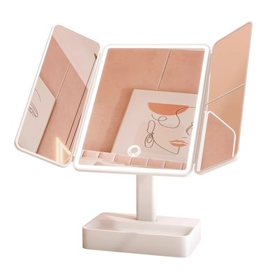 化妆镜带灯台式三折双开门梳妆镜