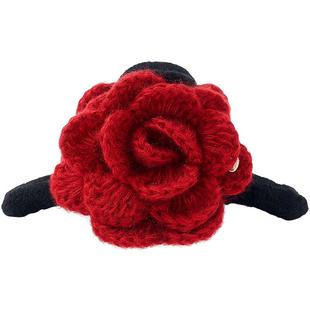 兰诺红色针织花朵抓夹女高级感2025新款大号发量大后脑勺鲨鱼夹子