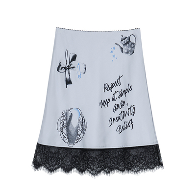 蕾丝花边缎面半身裙拼接直筒短裙