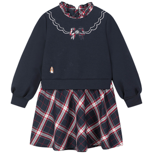 暇步士童装女童连衣裙春秋装新款大童新年长袖裙子儿童拼接公主裙