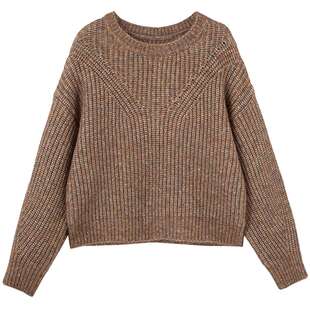 布景毛衣女冬季新品时尚拼色毛线设计感宽松落肩圆领针织衫1626