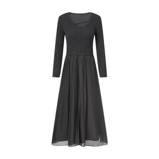 莱芙·艾迪儿秋季新款长袖连衣裙女修身时尚收腰针织网纱拼接长裙