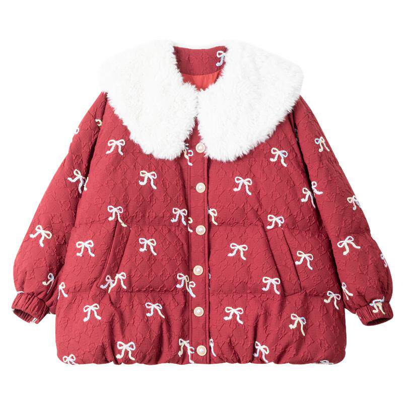 KEIKO甜美娃娃领酒红色花苞棉服