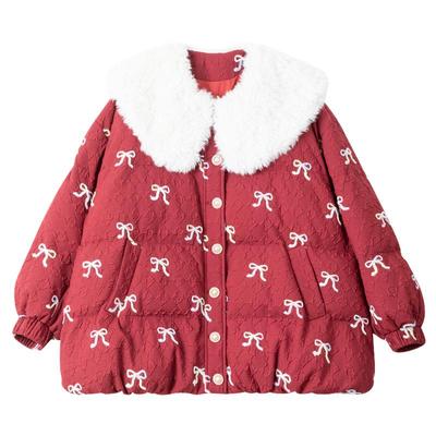 KEIKO甜美娃娃领酒红色花苞棉服