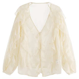 AZure法式复古V领荷叶衬衫长袖上衣松紧腰荷叶不规则中长裙重工秋