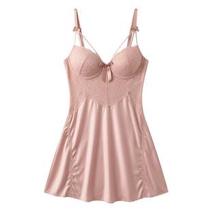 法式性感纯欲真丝睡衣轻奢高级感大码聚拢蕾丝吊带睡裙睡袍带胸垫