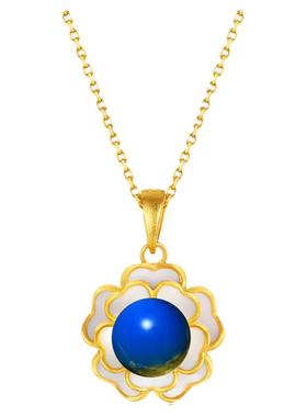 2023秋冬季国潮古典旗袍汉服配饰山茶花镶嵌二代蓝珀琥珀挂坠项链