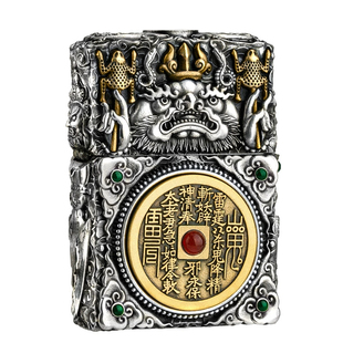 正品zippo防风打火机之宝煤油重盔甲机山鬼花钱八卦乾坤贴章套壳