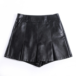 皮短裤裙女秋冬季高腰宽松A字宽松阔腿百褶皮短裙裤大码靴裤外穿