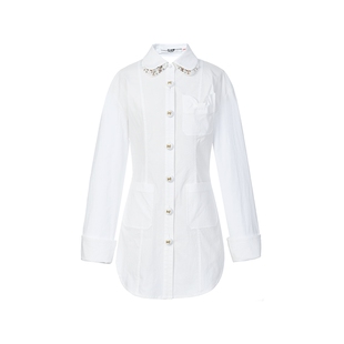lefame拉飞姆2026春季双层领装饰性钉珠排扣修身衬衫上衣女
