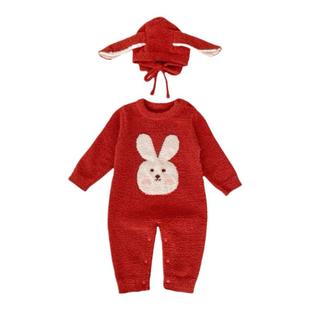 婴儿过年爬服新款红色毛衣半边绒针织连体衣新年周岁男宝女宝爬服