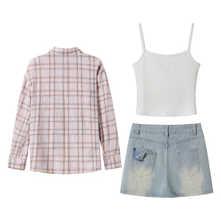 织物猪 糖果兰兰 韩系粉色格纹衬衫套装女春夏甜美吊带短裙三件套
