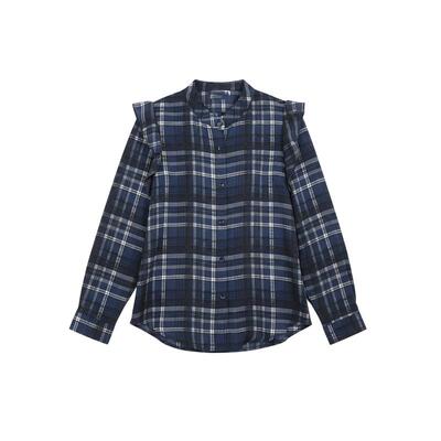 百家好复古风木耳边立领格子衬衫