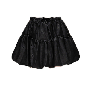 VIVICATHY2025秋冬PU皮抽绳花苞蓬蓬短裙皮裙女复古高腰半身裙
