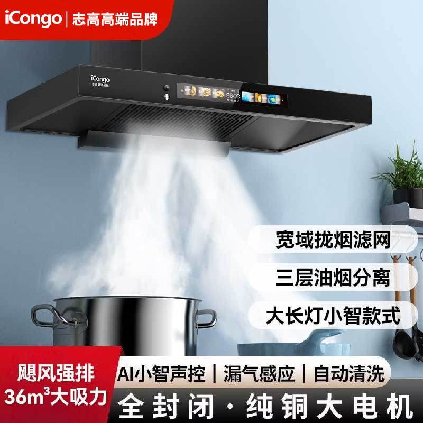 icongo志高高端品牌油烟机顶吸式大吸力油烟机家用厨房欧式烟机