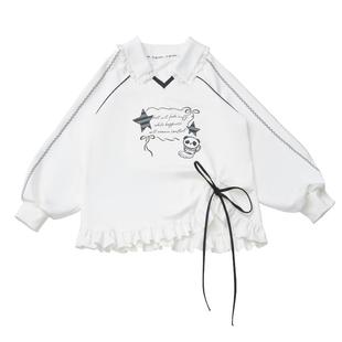 pinksavior【盼达茶话】翻领花边装饰设计卫衣+绒绒条纹休闲裤女