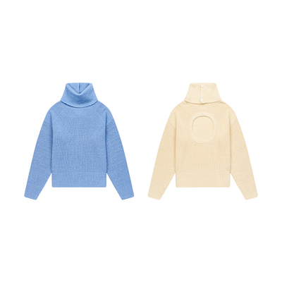 后开扣高领圆形镂空毛衣