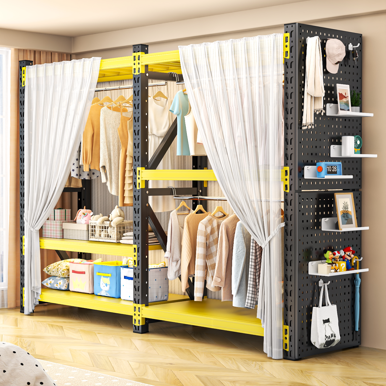 货架衣柜家用卧室出租房衣物收纳简易组装落地洞洞板金属角钢衣架