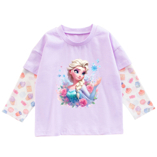 夏季儿童假两件长袖防晒衣T恤女童艾莎公主衣服爱莎宝宝薄款上衣