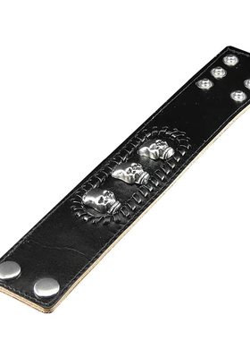 银色三个骷髅鬼头黑牛皮朋克手环