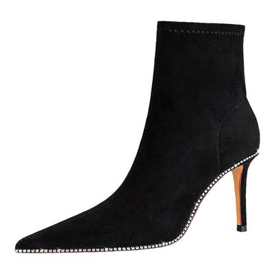 性感瘦瘦靴细跟水钻短靴子尖头