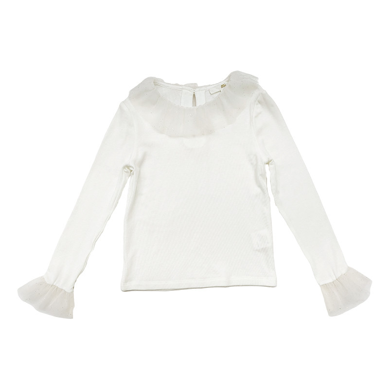 NU童装 25早秋女童网纱领打底衫白色长袖针织法式女童洋气T恤上衣
