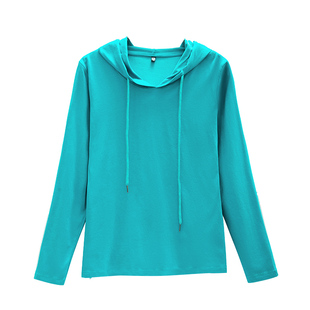 宽松连帽t恤女长袖2025春秋新款40岁女士大码纯色百搭上衣打底衫