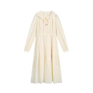 紫涵圆领拼接长袖连衣裙女春秋季新款法式甜美休闲收腰纯棉a字裙