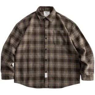 秋冬复古磨毛加厚格子衬衫男工装长袖潮牌宽松毛呢衬衣休闲外套潮