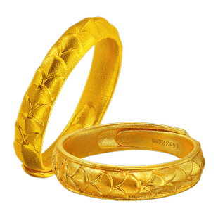 老庙黄金鸿运升升古法黄金佳偶龙鳞足金戒指情侣手饰结婚婚嫁正品