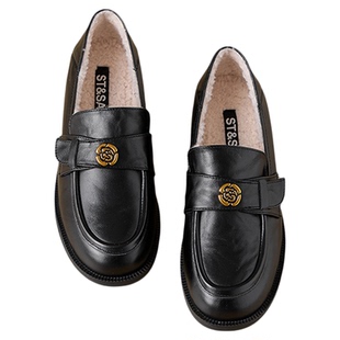 【真皮头层牛皮加绒】星期六乐福鞋女软底小皮鞋一脚蹬通勤鞋棉鞋