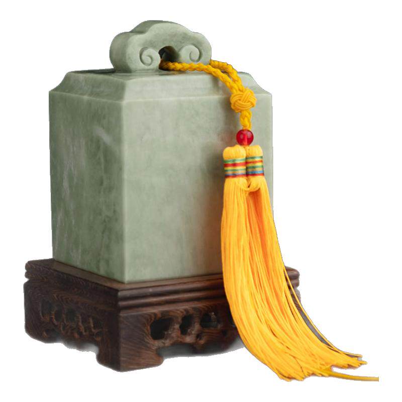 天然翠玉如意玉玺绿色印章摆件