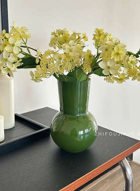 复古绿色花瓶法式轻奢客厅茶几高级感玻璃水养插花器卧室小花瓶