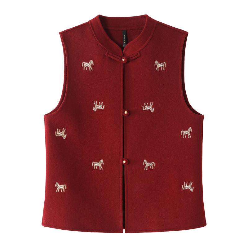 创宙 新中式刺绣羊毛马甲女2026年立领单排扣国风马甲外套气质女装保暖