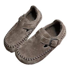 2025冬季新款磨砂真皮编织大头厚底勃肯鞋女复古一脚蹬加绒乐福鞋