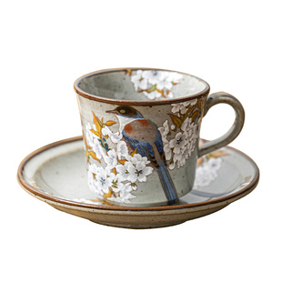 日本制进口九谷烧陶瓷咖啡杯手绘山樱花雀鸟杯碟套装礼物杯子复古
