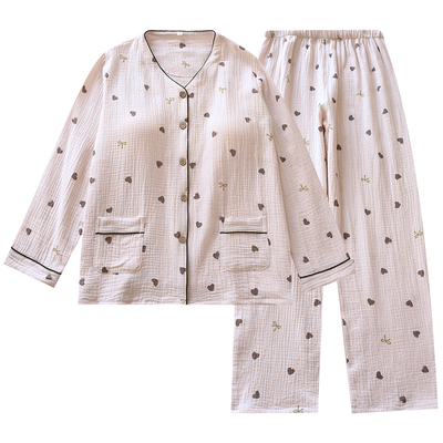 带胸垫睡衣女春秋纯棉双层纱布长袖套装防凸点2025新款夏天家居服