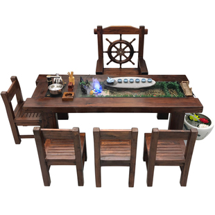 流水茶桌茶台养鱼流水循环中式禅意实木功夫茶几老船木茶桌椅组合
