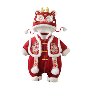婴儿过年喜庆衣服男宝宝中国风加绒加厚棉服宝宝连体衣冬季拜年服