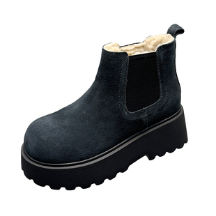 山山真皮加绒保暖厚底马丁靴女2025新款短靴反绒皮增高棉靴雪地靴
