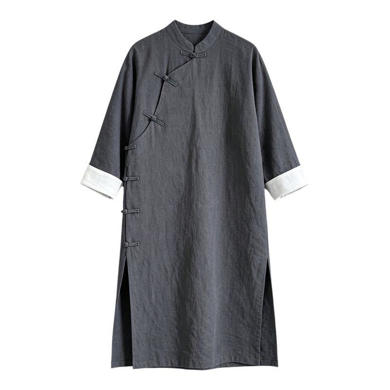 原创春秋国风亚麻长衫汉服大码