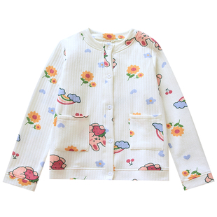 纯棉睡衣上衣单件秋冬加厚全棉三层空气层可爱卡通圆领家居服上装