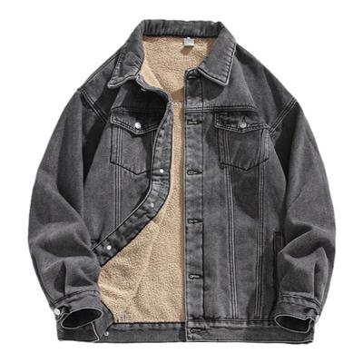 加绒牛仔棉服男款冬季加绒加厚美式cleanfit羊羔绒毛领保暖外套