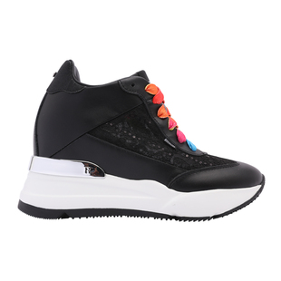 Ruco Line如卡莱奢华黑色蕾丝网面透气内增高休闲鞋女牛皮厚底鞋