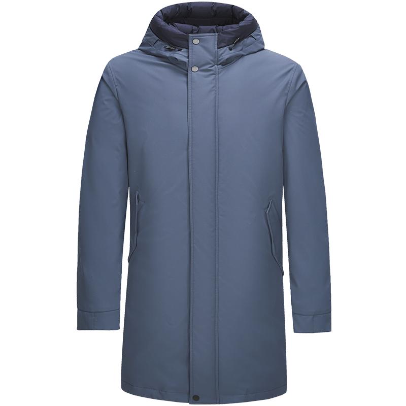 柏品高填充白鸭绒羽绒服男早秋中长款连帽防风保暖抽绳拉链外套