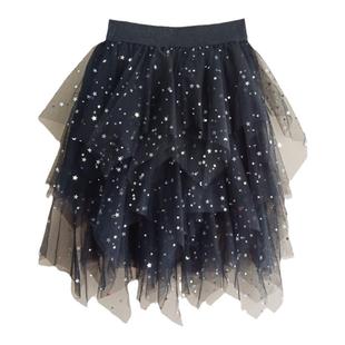 纱裙女童半身裙蓬蓬裙不规则蛋糕裙儿童星空裙短裙夏网纱裙百褶裙