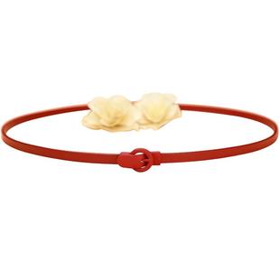 腰带女真皮头层纯牛皮本命年红色装饰裤带细简约休闲百搭配裙皮带