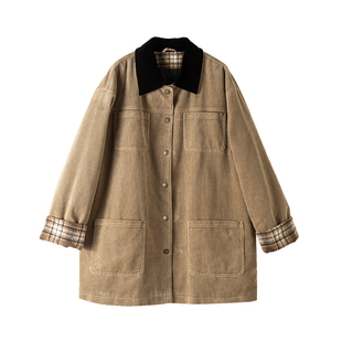 羽绒灯芯绒外套女秋冬新款卡其翻领条绒大衣宽松夹克休闲加绒上衣