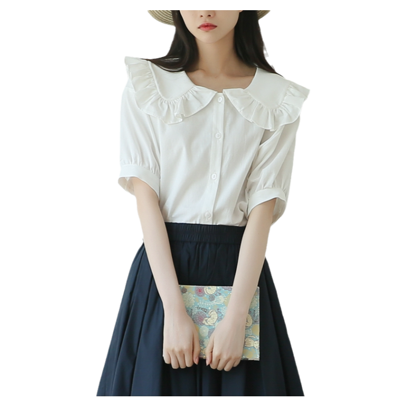 suin2025夏季新款甜美可爱森女白色木耳边短袖衬衫宽松娃娃领上衣